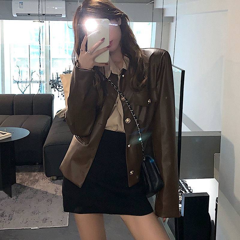 Women's Leather Coat Leather Coat Winter Retro Loose Hong Kong Style Jacket Coat Women's Biker Leather Skirt Two