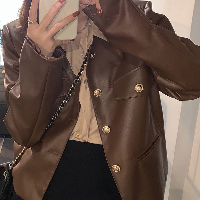 Women's Leather Coat Leather Coat Winter Retro Loose Hong Kong Style Jacket Coat Women's Biker Leather Skirt Two