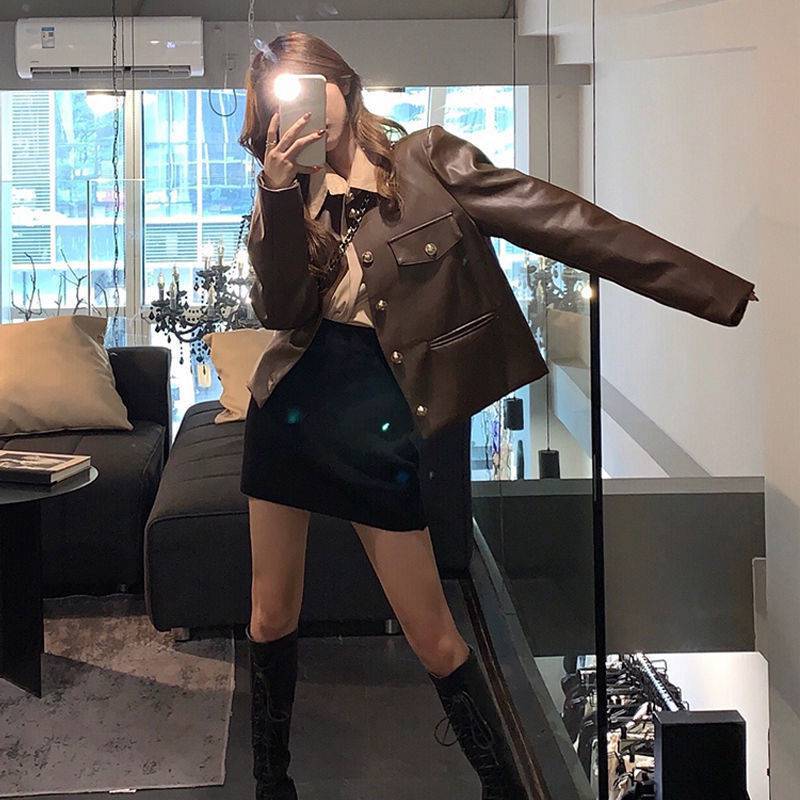 Women's Leather Coat Leather Coat Winter Retro Loose Hong Kong Style Jacket Coat Women's Biker Leather Skirt Two